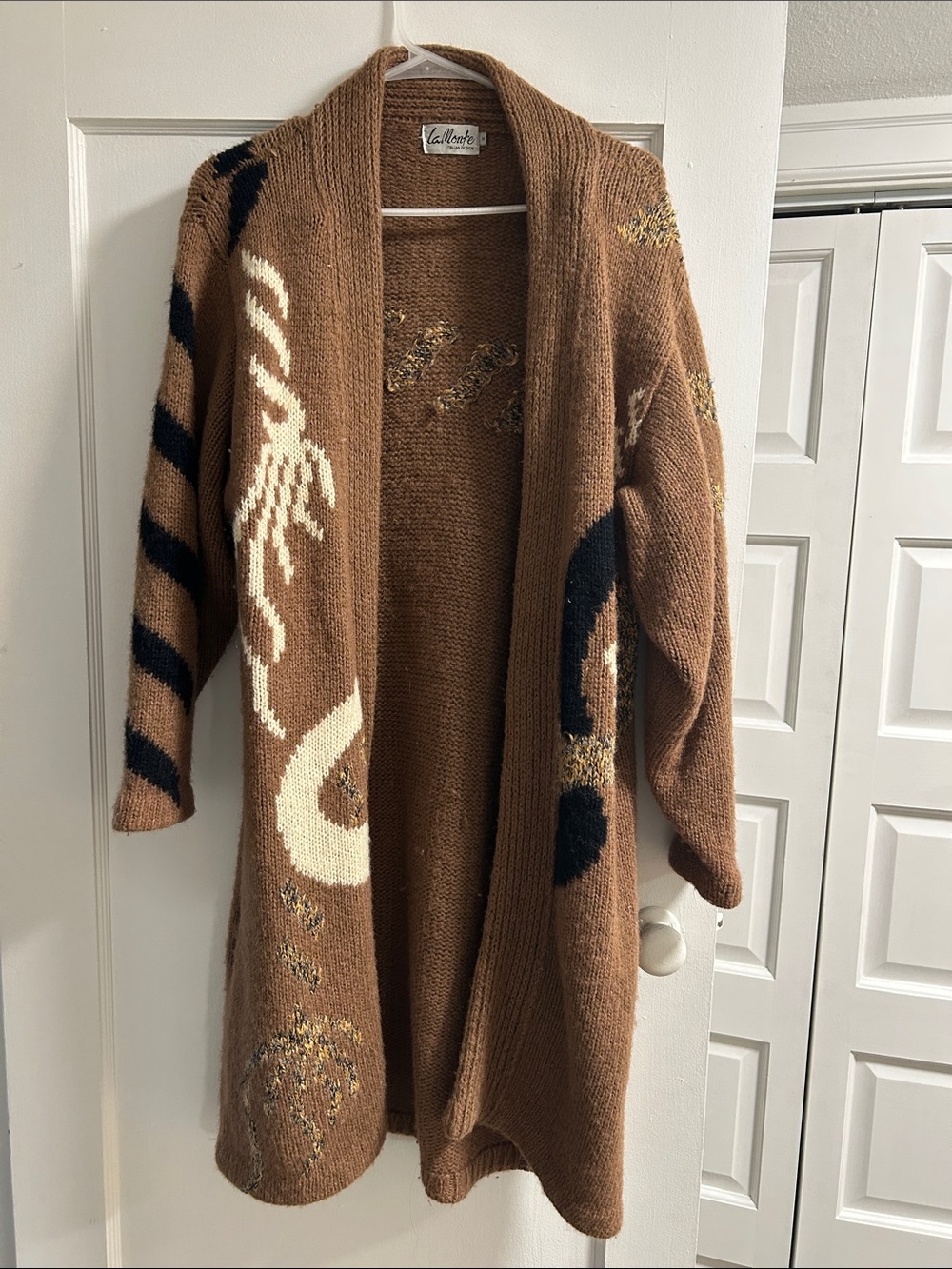 Vintage Brown Graphic Open-Front Cardigan Sweater -Mohair